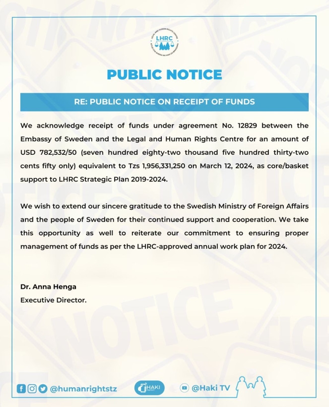 PUBLIC NOTICE ON RECEIPT OF FUNDS